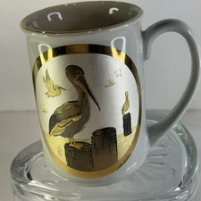 Dynasty Gallery Chokin Pelican Mug • 24K Gold & Silver Art • 4” Ceramic