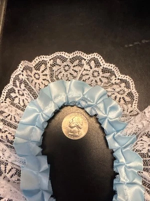 2" wide light blue ribbon on white lace box pleat (3:1), by the yard - Image 1 of 2