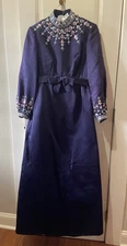 Victoria Royal Ltd Hong Kong Deep Blue Purple Satin Empire Jeweled Dress Gown 10