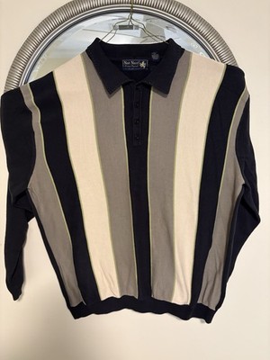Vintage Nat Nast Collared Sweater Shirt Mens XXL Black Beige Striped Pima Ctn