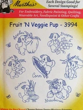 Aunt Marthas 3994 Fruit N Veggie Puppy Dog Tea Towel Embroidery Transfer Pattern
