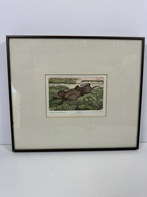 Jan Hunt Nap Framed Etching Hand Colored Signed Limited Edition 18/200 Rabbit