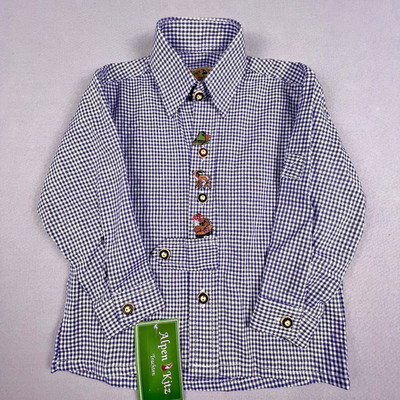 Alpine Kitz Trachten Shirt Blue White Gingham Embroidered Cotton Boy's 98 (2T)