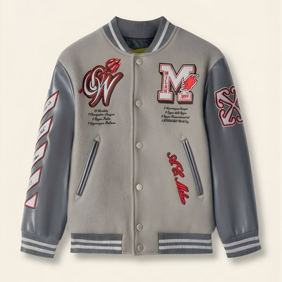 Off White AC Milan Varsity Jacket Wool Leather Lettermen Unisex Bomber Jacket