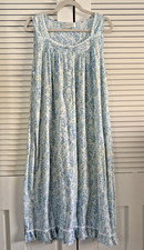 Eileen West Blue White Sleeveless Floral Nightgown Size L Lace Soft Cotton Blend