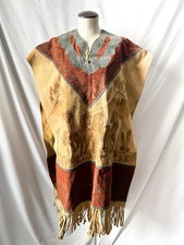 60s/70s Handmade Native Western Suede Leather Horse Fringe Poncho Shawl One Size