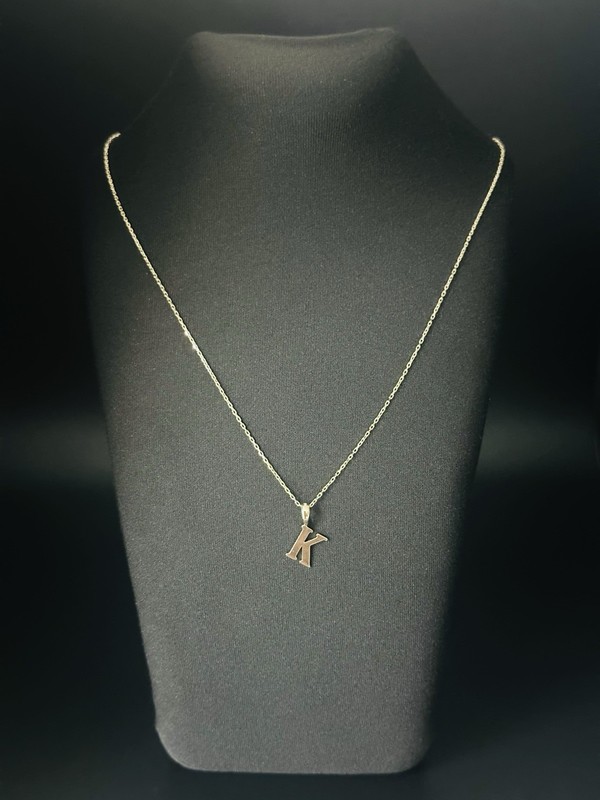 14K Gold K Initial Necklace 45cm 1mm Solid Forze Chain 2.08g 585 Letter Pendant