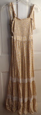 BOHO Long Yellow Floral Shoulder Tie Cottage Core Sundress Side Cut Outs Crochet