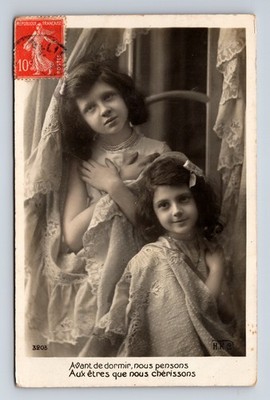 RPPC French Sisters Before Sleeping Think of Beings We Cherish Postcard