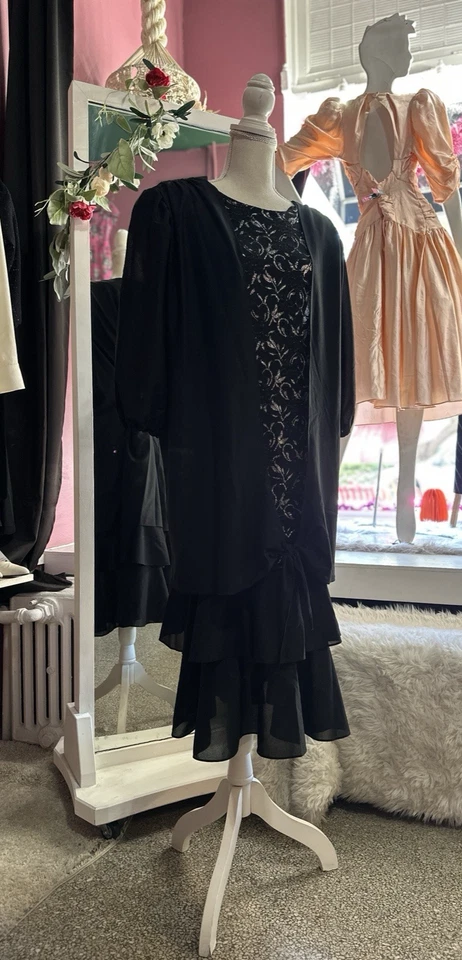 Mini Vestido Vintage Años 80 Talla Grande Negro Plata Cintura Caída Noche Cóctel 4X Foto 4 de 4