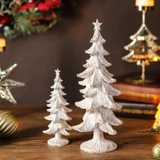 2 Pcs White Christmas Tree Figurines Glitter Resin Christmas Tree Table Decor...