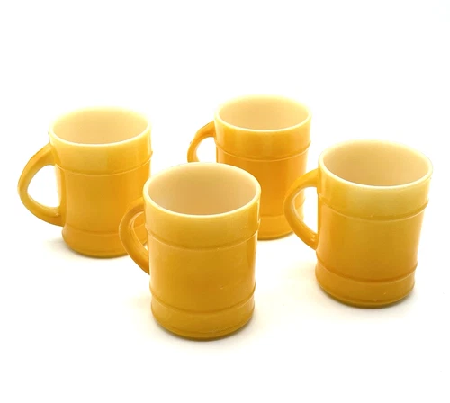 Set of 4 Vintage Fire-King Yellow Milk Glass Barrel Coffee Mugs Anchor Hocking