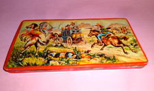 RARE TIN LITHO WATER COLOR CASE BOX w/ INDIANS  COWBOYS GERMANY 1960's