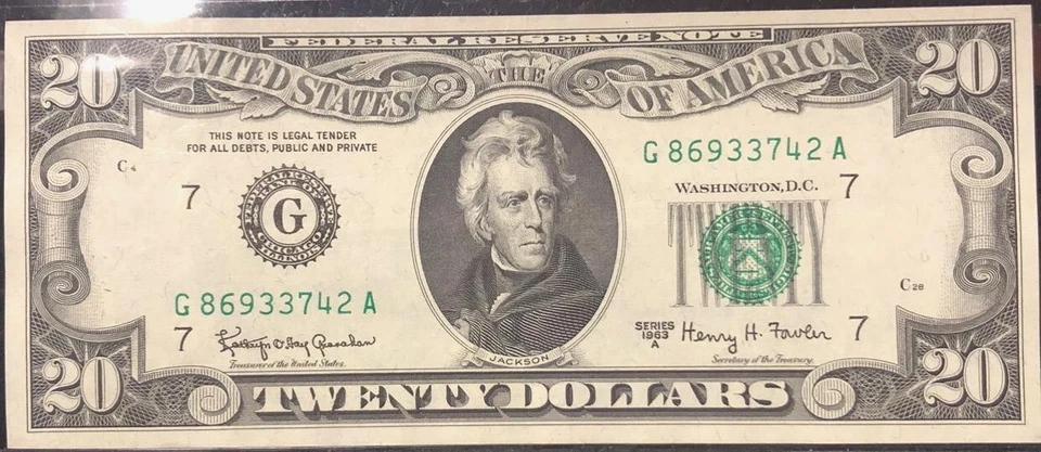 1963 A,G Block $20 Federal Reserve Note, Never Been Circulated, No Fold Or Tear - Image 3 of 4
