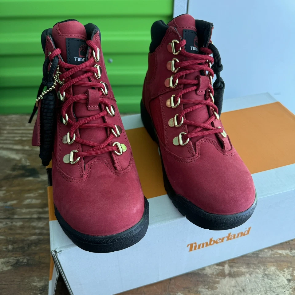 Timberland 6in Premium Field Waterproof Boots Ruby Red Dark Grey 2.5 Youth NEW - Image 3 of 4