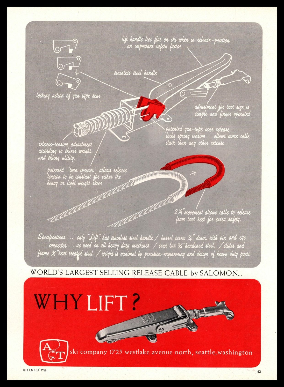 1966 A & T Ski Co. Seattle Washington "Perché sollevare?" Pubblicità Salomon Rilascio Stampa Cavi