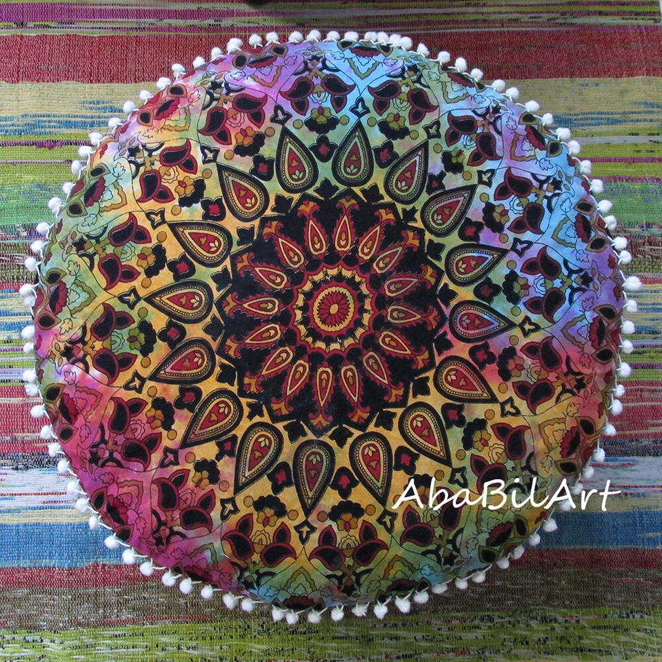 New 22x14" Round Cotton Pouf Ottoman Cover Floor Decorative Foot Stool Cover D15 - Image 3 of 4