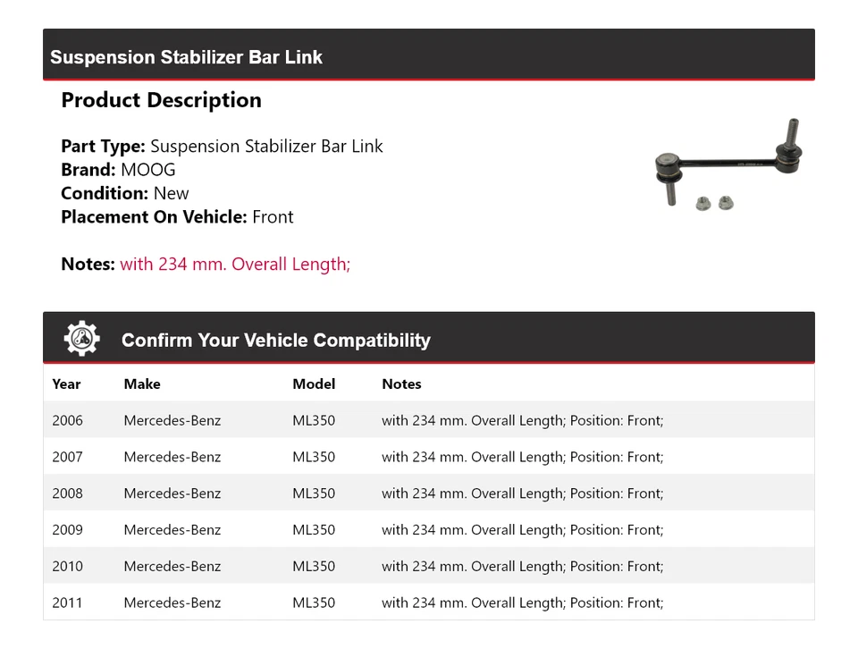 Barra estabilizadora de suspensión delantera MOOG 2006-2011 para Mercedes-Benz ML350 Foto 2 de 4