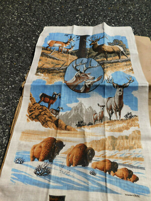 Vtg Kay Dee Jackson Buffalo Deer Bighorn Sheep Kitchen Towel Linen Hand Print