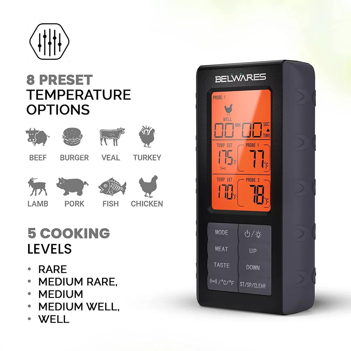 Digital Wireless Remote Meat Thermometer Cooking 2 Probes Oven BBQ