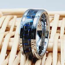 Carbon Fiber Inlay Silver Tungsten Carbide Ring Stylish Black Blue Wedding Band