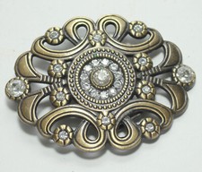 Cool Oval Brass Bling Belt Buckle w/ Crystals 3.5" x 2.5" Fits 1-1/2" wide belt