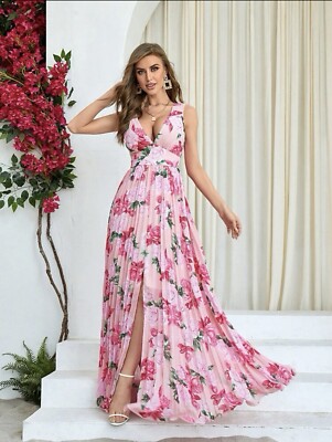 Pink Floral Pleated Maxi Dress Small New With Tag Summer Dress Floral Dress  | eBay