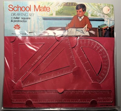 School Drawing Set Vintage 1960's School Mate Ruler Square Protractor NOS Old