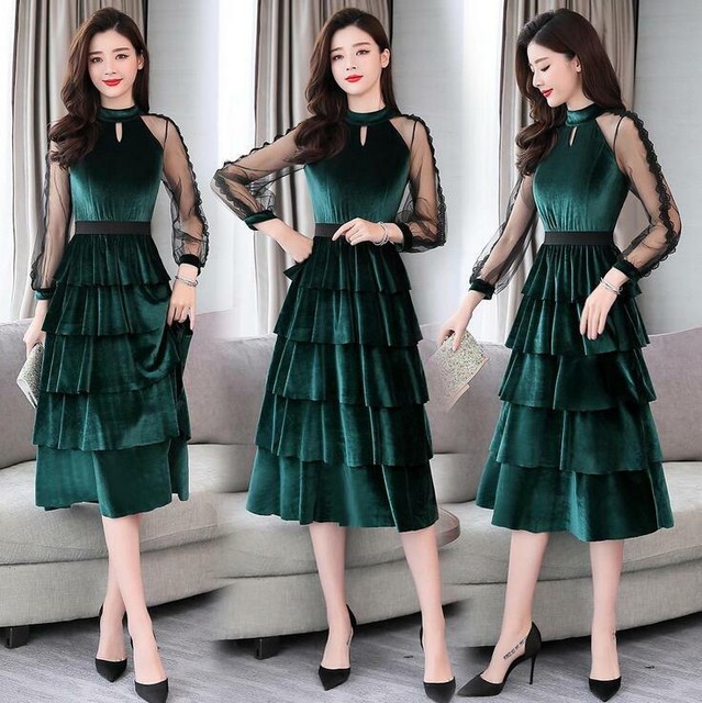 Korean Fashion Womens Velvet Layered Dress Long Party Cocktail Ball