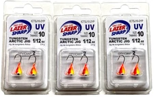 3 PACKS Eagle Claw Tungsten Arctic Jig 1/12oz Yellow Perch UV Size 10 Hook 2ct