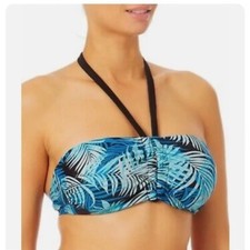 Time And Tru Swim Palm Printed Bandeau Halter Bikini Top Blue 12-14 Large
