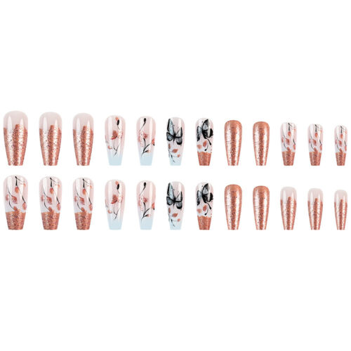 Long Coffin Press-On False Nail Butterfly Flowers Rosa Gold Shiny Manicure 24pcs - Picture 5 of 7