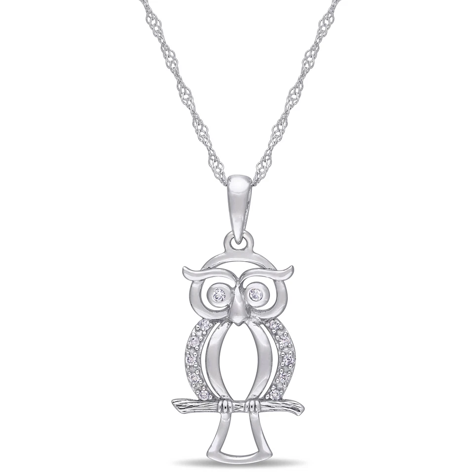 Colgante de búho con detalles de diamantes de oro blanco de 10 k Amour con cadena, 17"