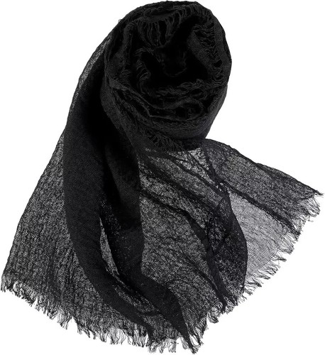 Black Scarf Cotton Long Scarf Black Cotton Blend Crinkle Soft Scarf with Fringed
