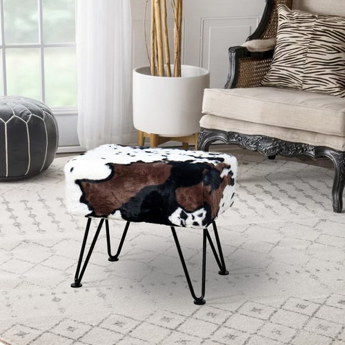 Cow Print Vanity Stool Chair Soft Faux Fur Chair Makeup Stool with 4 Metal Legs - Picture 40 of 74
