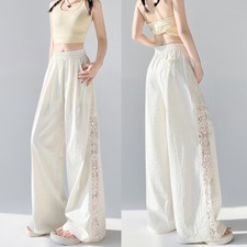 Women High Waist Long Pants Loose Trousers Lace Splicing Wide Leg Pants Summer