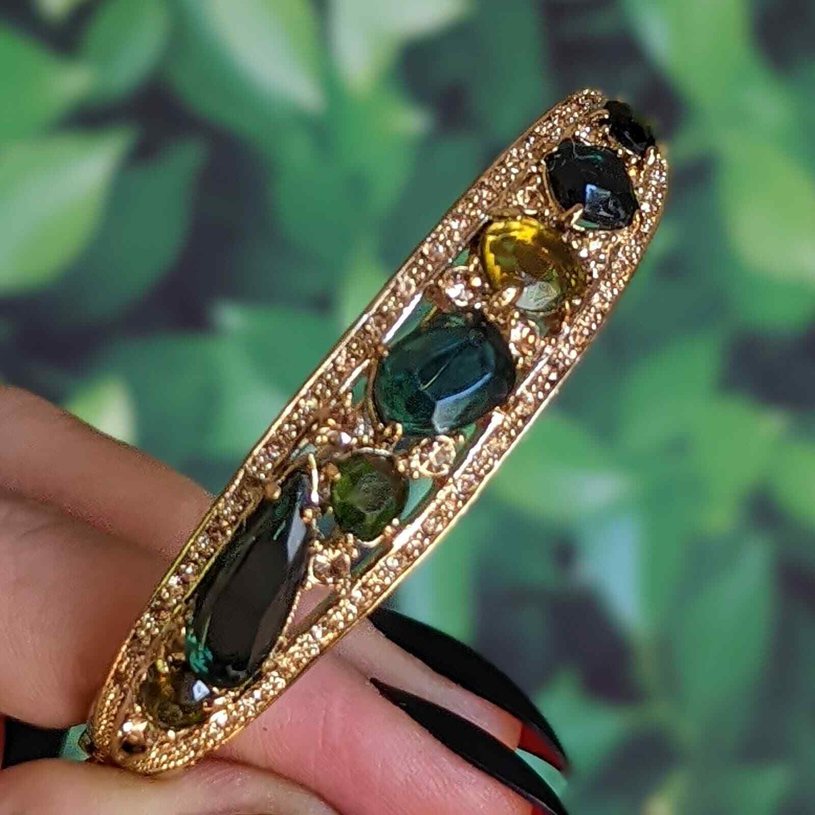 Vintage Monet Bracelet - Green Gold Rhinestone Ov… - image 2