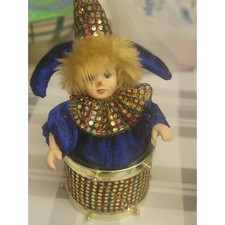Vintage Clown in Drum Music Box Porcelain Face Sequin Outfit Decor