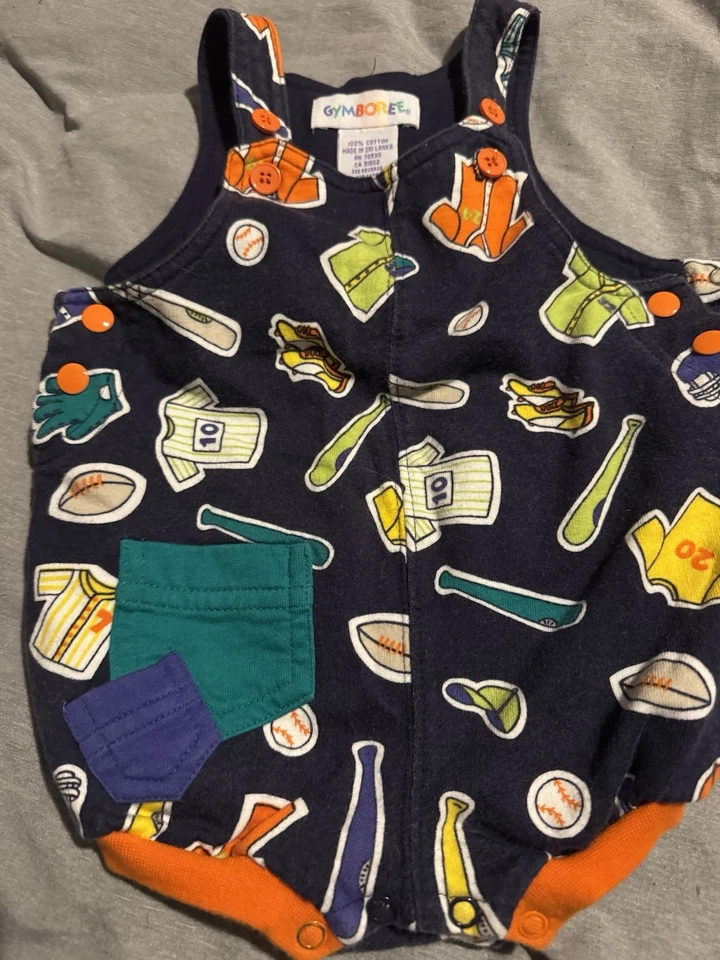 Romper recém-nascido vintage arco-íris etiqueta gymboree azul marinho e laranja com estampa de beisebol masculino - Imagem 3 de 4
