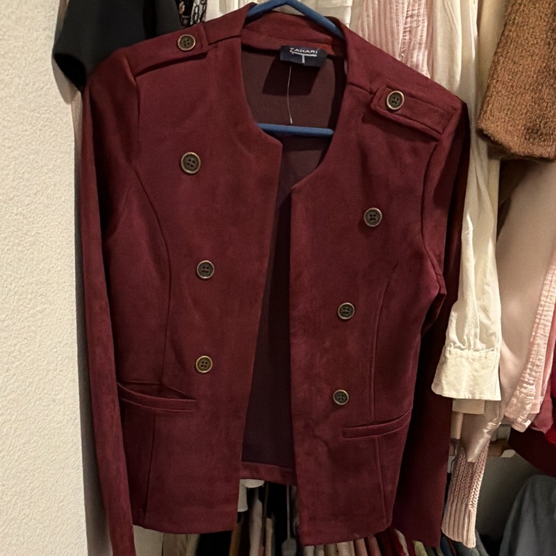 Tahari T Burgundy Button Front Lined Short Jacket Long Sleeve Women’s 8