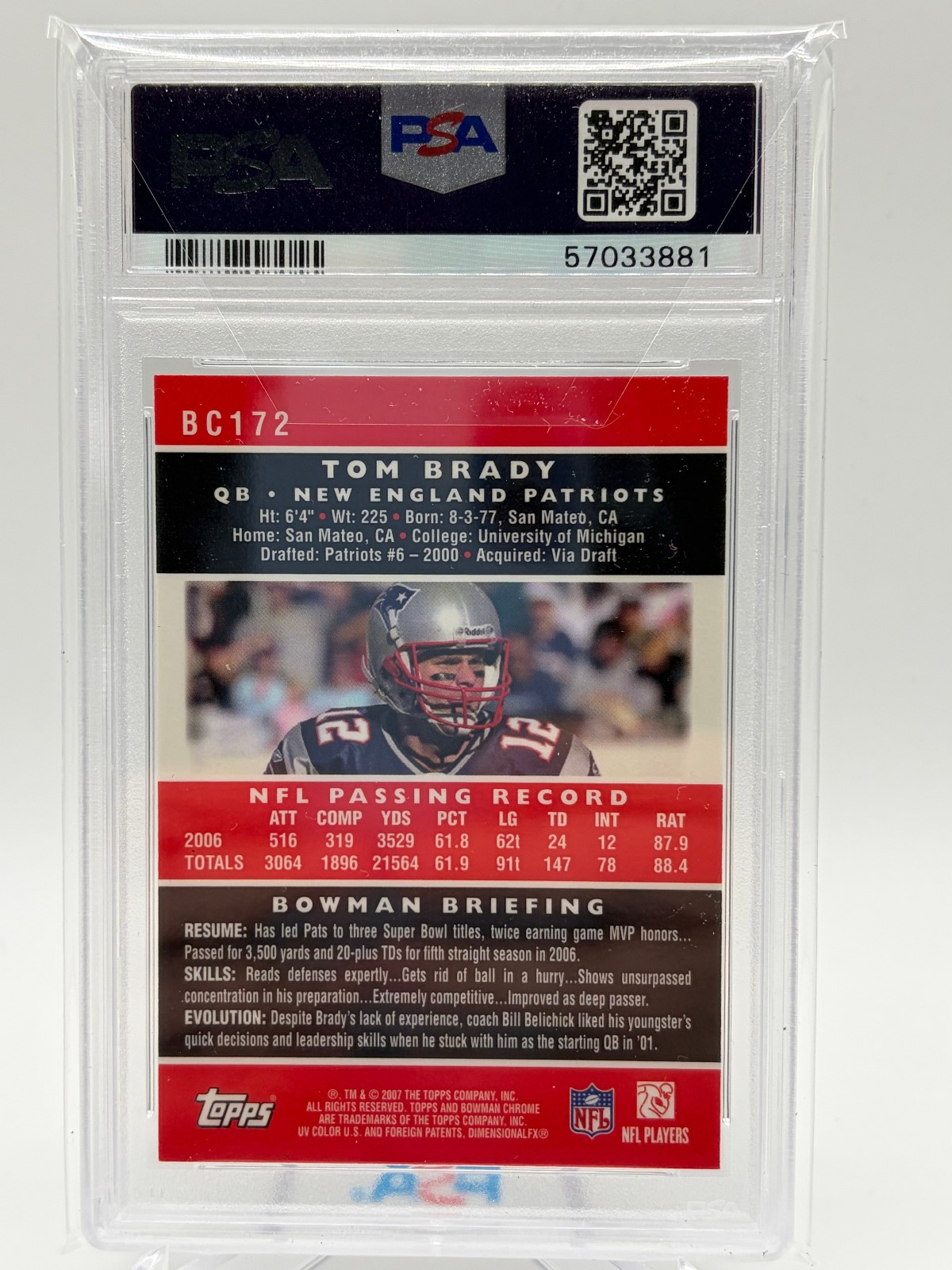 TOM BRADY 2007 BOWMAN CHROME MINT PSA 9 NEW ENGLAND PATRIOTS HOF!!! view 2