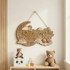 Personalized Wooden Nursery Name Sign with Flowers  Moon   Custom Baby Name