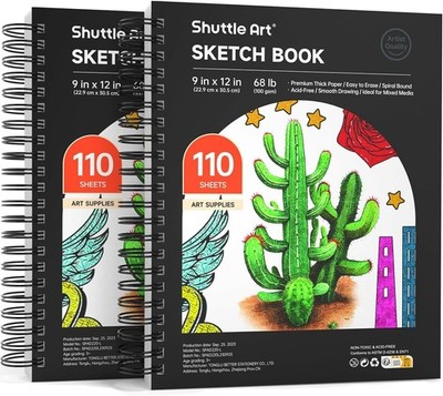 Shuttle Art 9x12  Sketchbook, 220 Sheets Total, Pack of 110 x2, White 