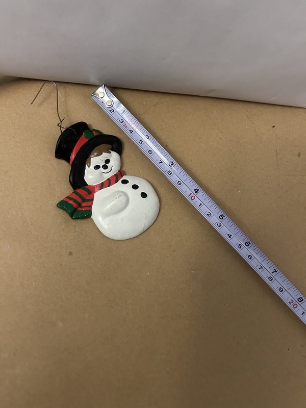 VTG Christmas Snowman Cermaic Flat Ornament with red/black scarf