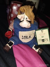 Russ Berrie Elmer Moo Cow Figurine Strawhat Pail Overalls W/ Country Folks Tag