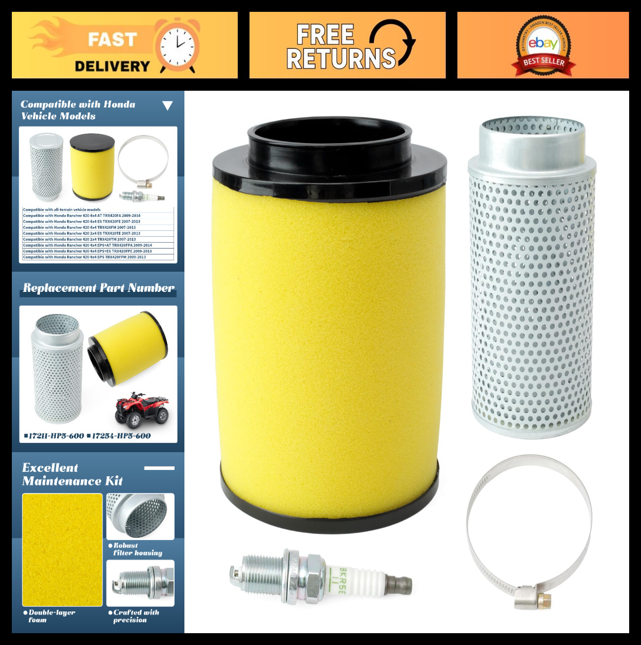 17211-HP5-600 17254-HP5-600 Filter & Guide Cleaner Body & Spark Plug Kit Compati