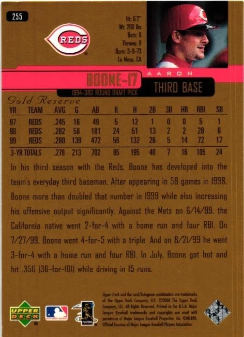 2000 Upper Deck Gold Reserve #255 Aaron Boone Cincinnati Reds Baseball Card - Image 2 of 2