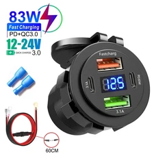 12V-24V Dual PD + QC3.0 USB Car Fast Charger Power Socket Outlet & LED Voltmeter