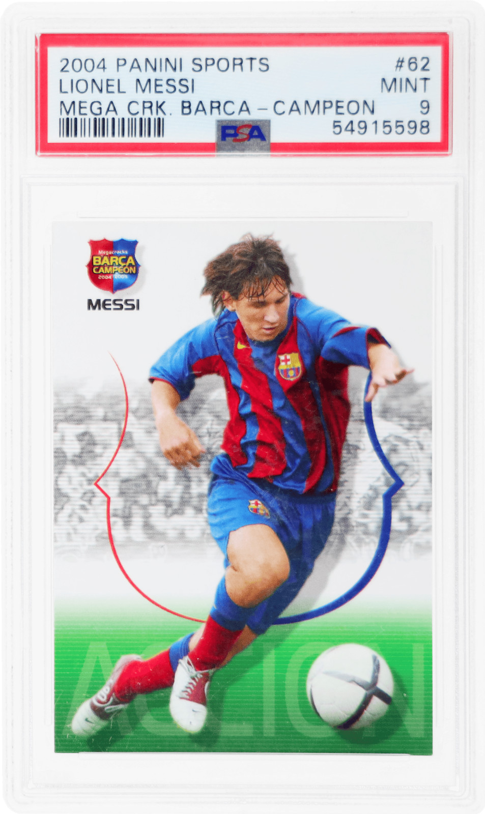 2004 Panini Mega Cracks Barca Accion Spanish Lionel Messi Campeon #62 PSA 9