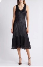 Komarov Black Charmeuse Chiffon Midi Dress Sleeveless Pleated Cocktail Sz Large